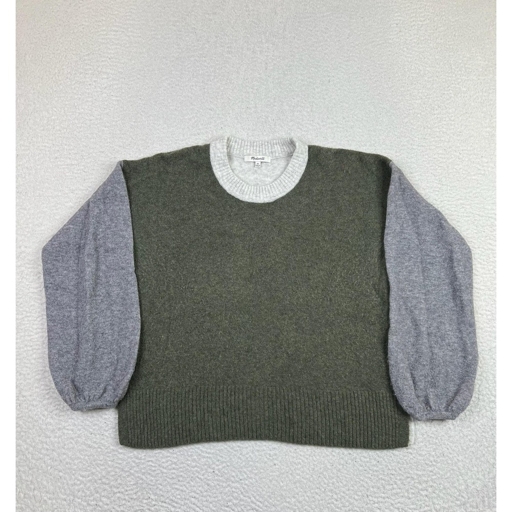 Madewell Sweater Womens XS Green Gray‎ Colorblock Crewneck Balloon Sleeve Knit